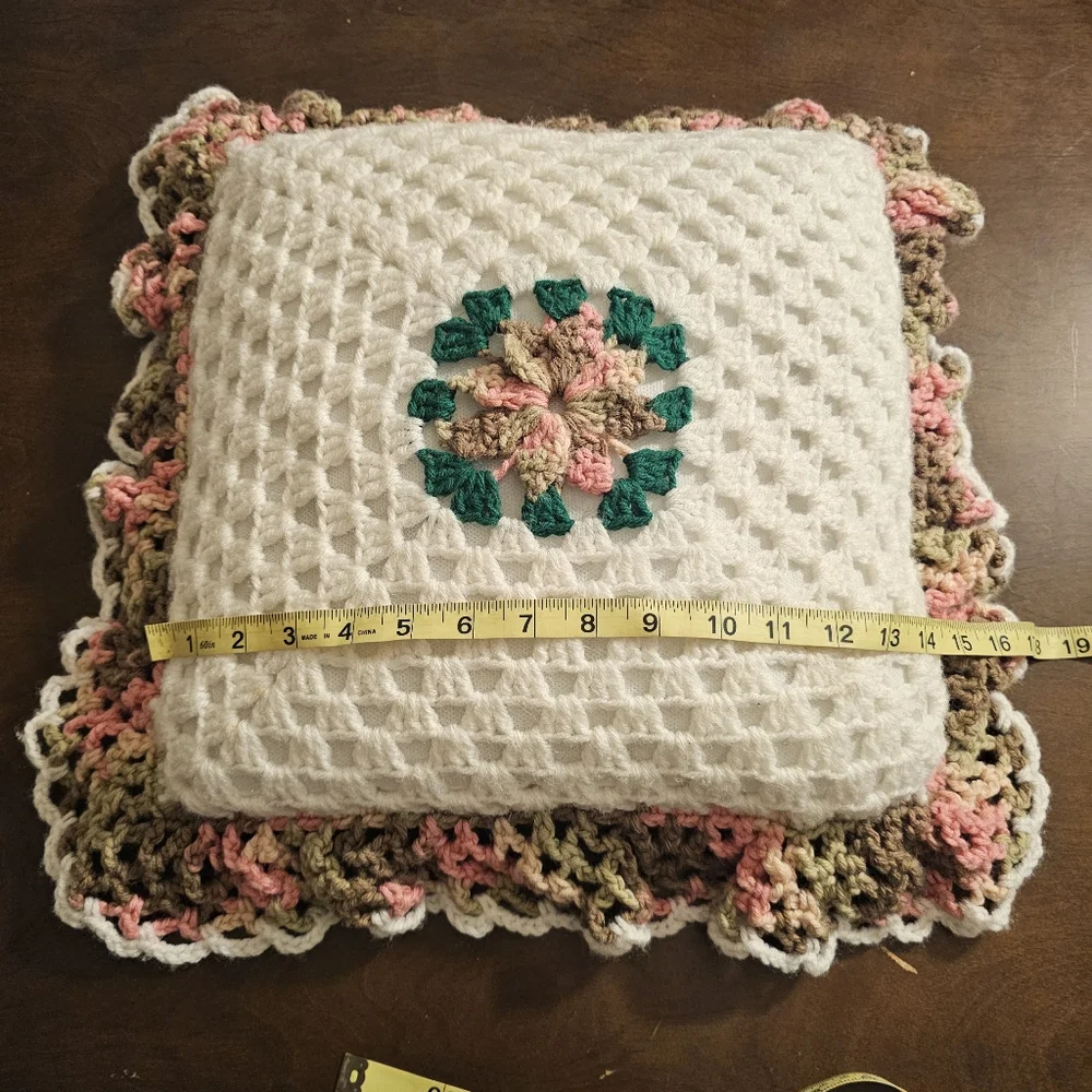 Crocheted Ruffle Throw Accent Pillow Vintage Floral Romantic Bedroom Decor